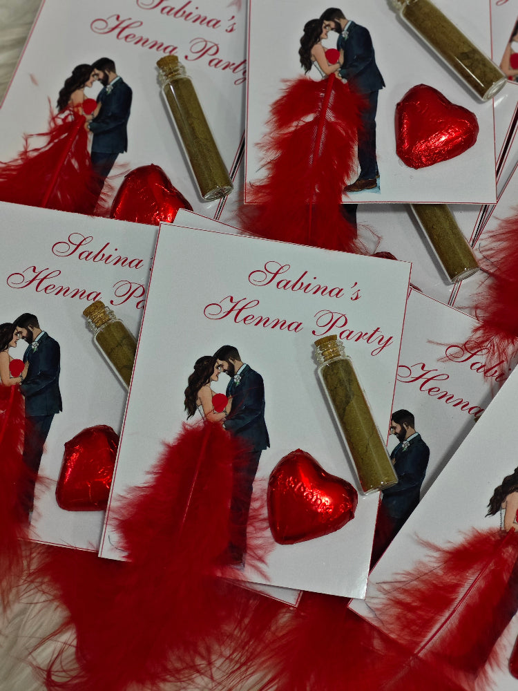 Promotional materials for 'Sabina's Henna Party' with red heart-shaped items and a couple illustration.