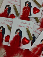 Promotional materials for 'Sabina's Henna Party' with red heart-shaped items and a couple illustration.