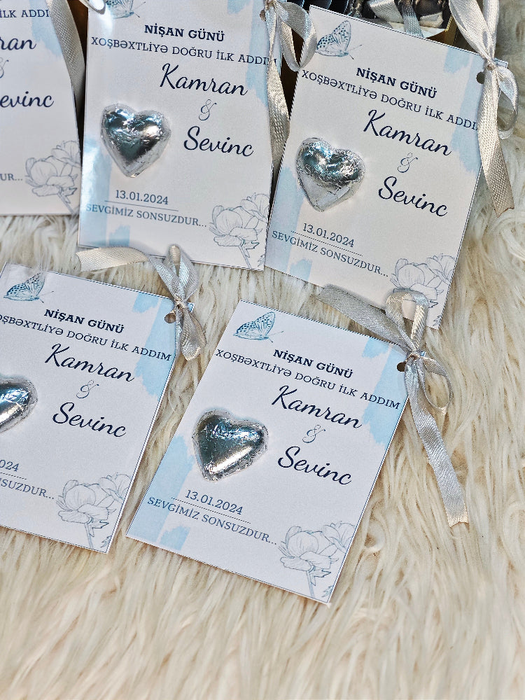 Heart-shaped chocolate on cards with personalized text on a textured surface