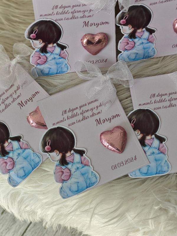 Stickers with cartoon character and heart-shaped pin on white cards with text