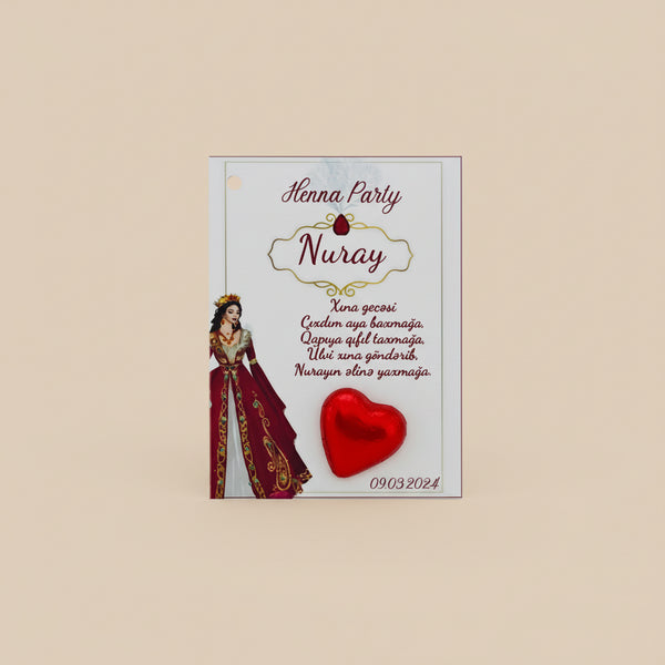 Henna party invitations with red ribbons and heart designs on a textured surface.