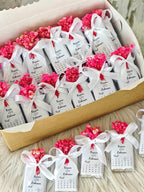 Mini Chocolate Bars with Rose-Colored Dried Flowers, Name and Date Design – Engagement Tray Chocolates