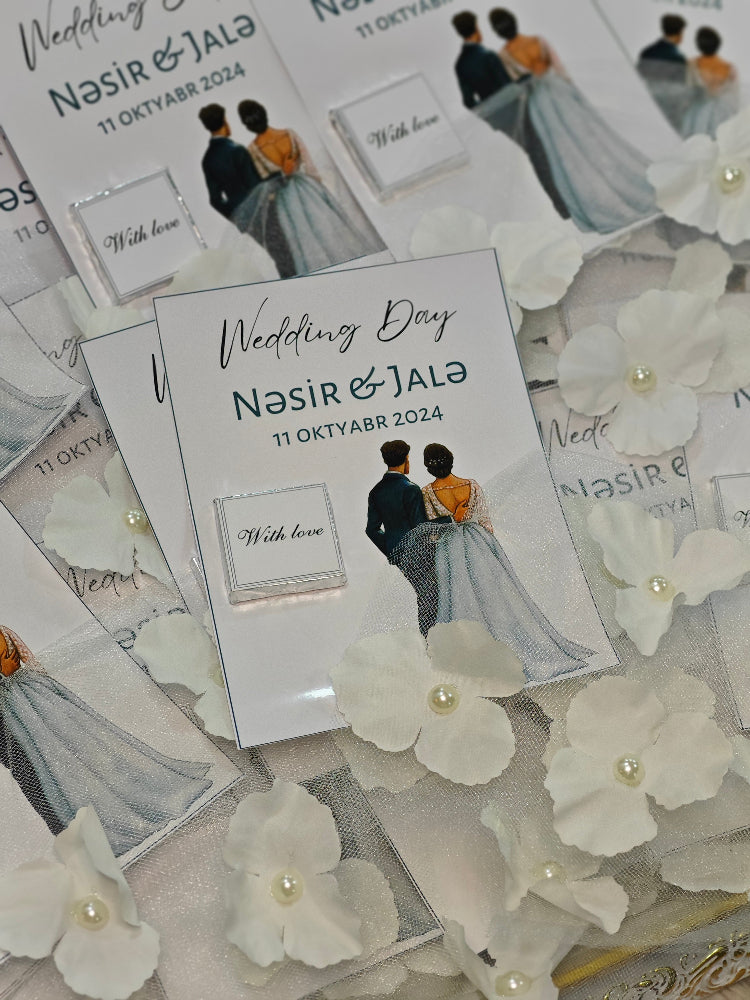 Wedding invitation card with illustrations of a couple and text 'Wedding Day Nasir & Jale' on a floral background.