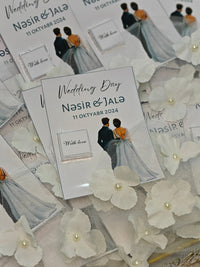Wedding invitation card with illustrations of a couple and text 'Wedding Day Nasir & Jale' on a floral background.