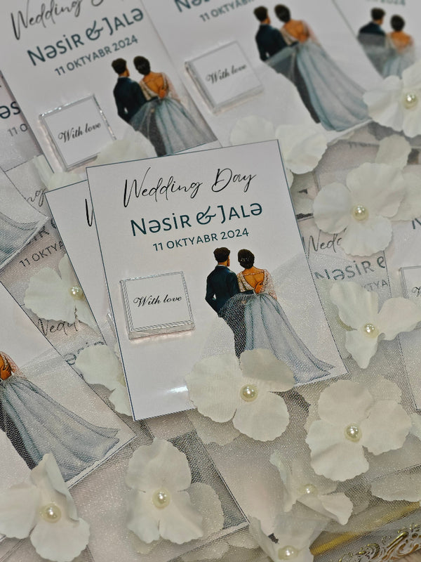 Wedding invitation card with illustrations of a couple and text 'Wedding Day Nasir & Jale' on a floral background.