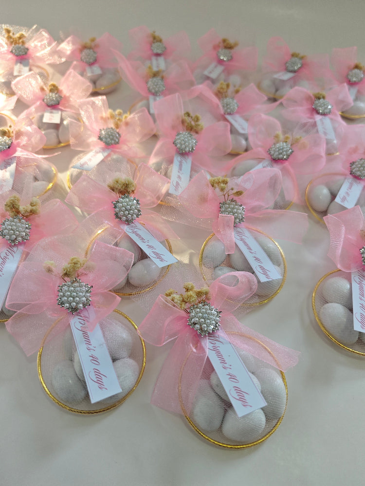 Decorative items with pink ribbons and decorative elements on a white surface