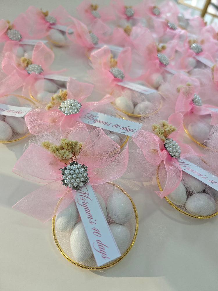 Decorative items with pink ribbons and pearl embellishments on a light background