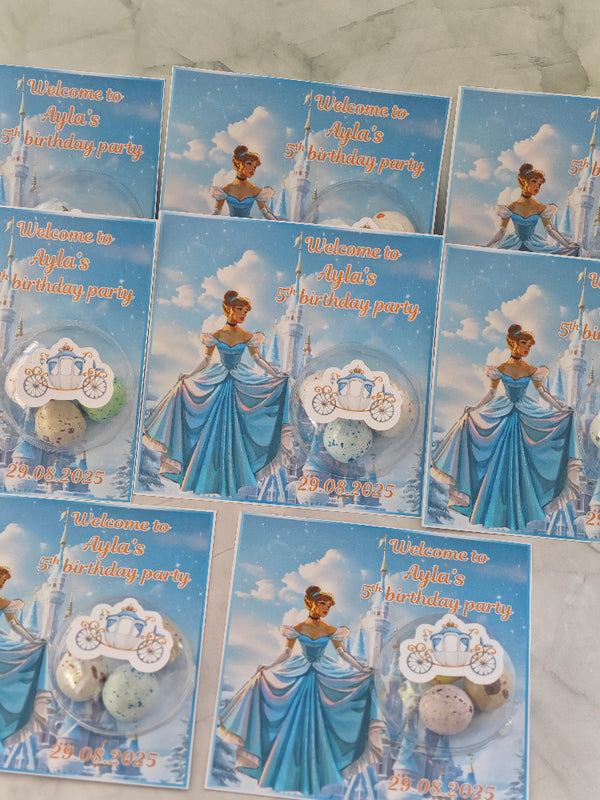 Set of Cinderella-themed birthday party invitations with princess design and carriage.