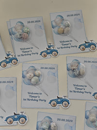 Set of birthday party invitations with blue cars and teddy bears on a white background