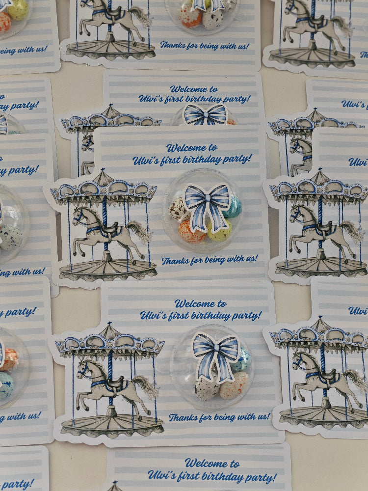 Stickers with carousel design and birthday party text on a white background