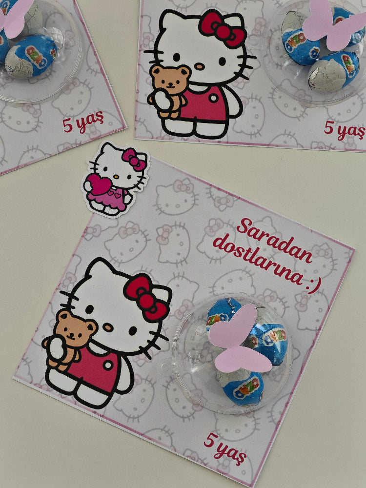 Hello Kitty-themed cards with lollipop decorations on a white background