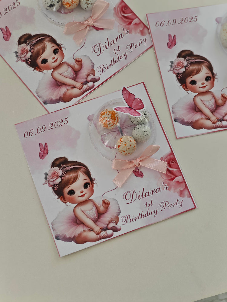 Three birthday invitations for Dilara's 1st birthday party with a cute illustration of a baby girl in a tutu.