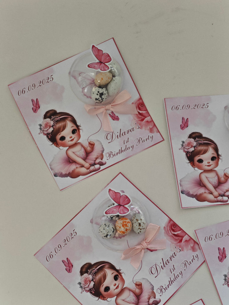 Set of birthday invitations with a girl in a pink dress and butterfly design on a light background.