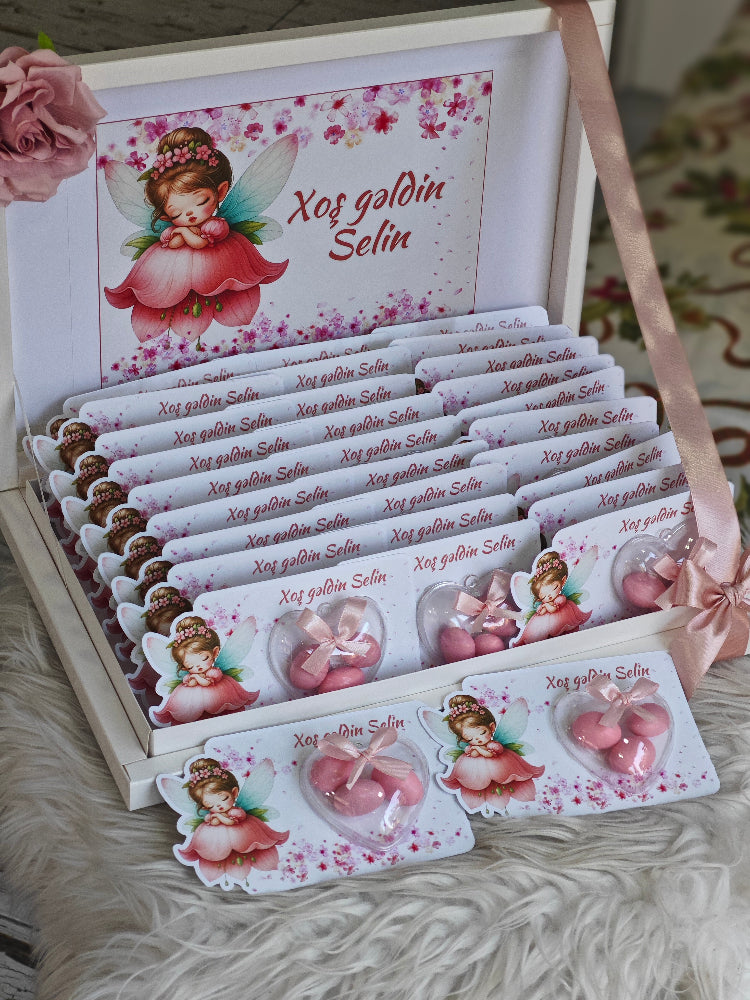 Set of personalized cards with a fairy design in a decorative box.