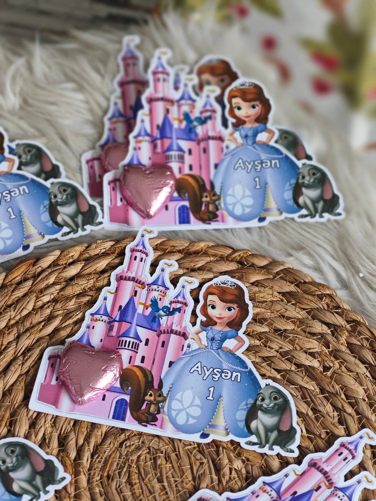 Stickers featuring a princess, castle, and animals on a textured surface.