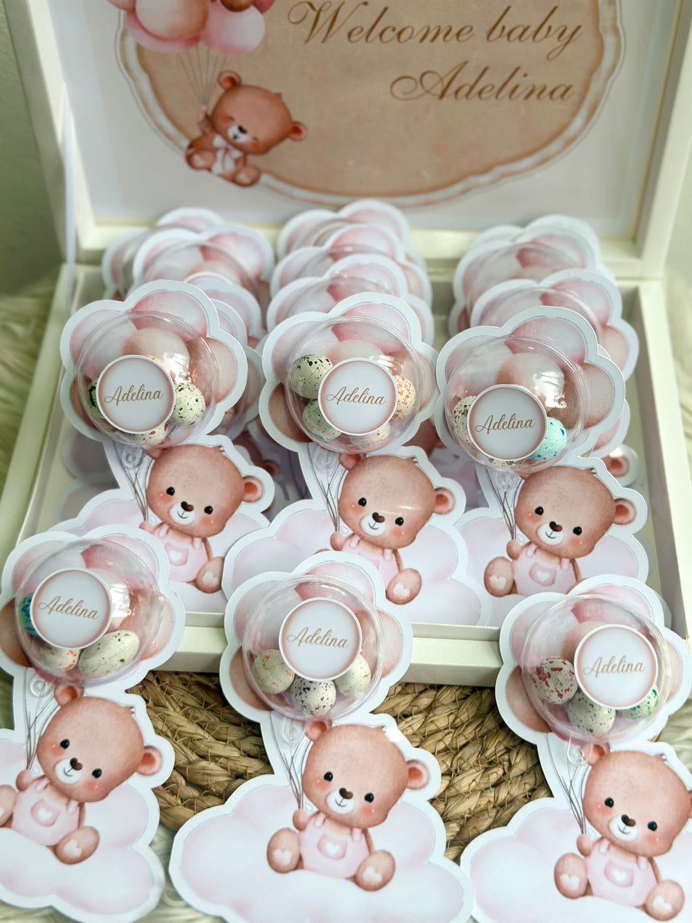 Pink Teddy Bear Baby Girl Welcome Box — 20 Bonbon Card Display Set — Chocoodad Baku