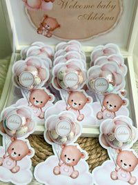 Pink Teddy Bear Baby Girl Welcome Box — 20 Bonbon Card Display Set — Chocoodad Baku