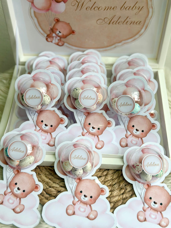 Pink Teddy Bear Baby Girl Welcome Box — 20 Bonbon Card Display Set — Chocoodad Baku