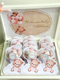 Pink Teddy Bear Baby Girl Welcome Box — 20 Bonbon Card Display Set — Chocoodad Baku