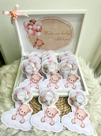 Pink Teddy Bear Baby Girl Welcome Box — 20 Bonbon Card Display Set — Chocoodad Baku