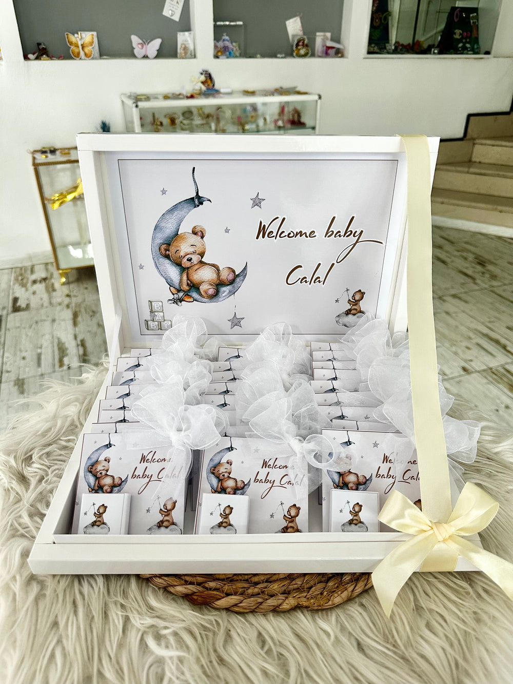 Teddy Bear Moon Newborn Shadow Box — 24 Chocolate Card Welcome Gift — Chocoodad Baku