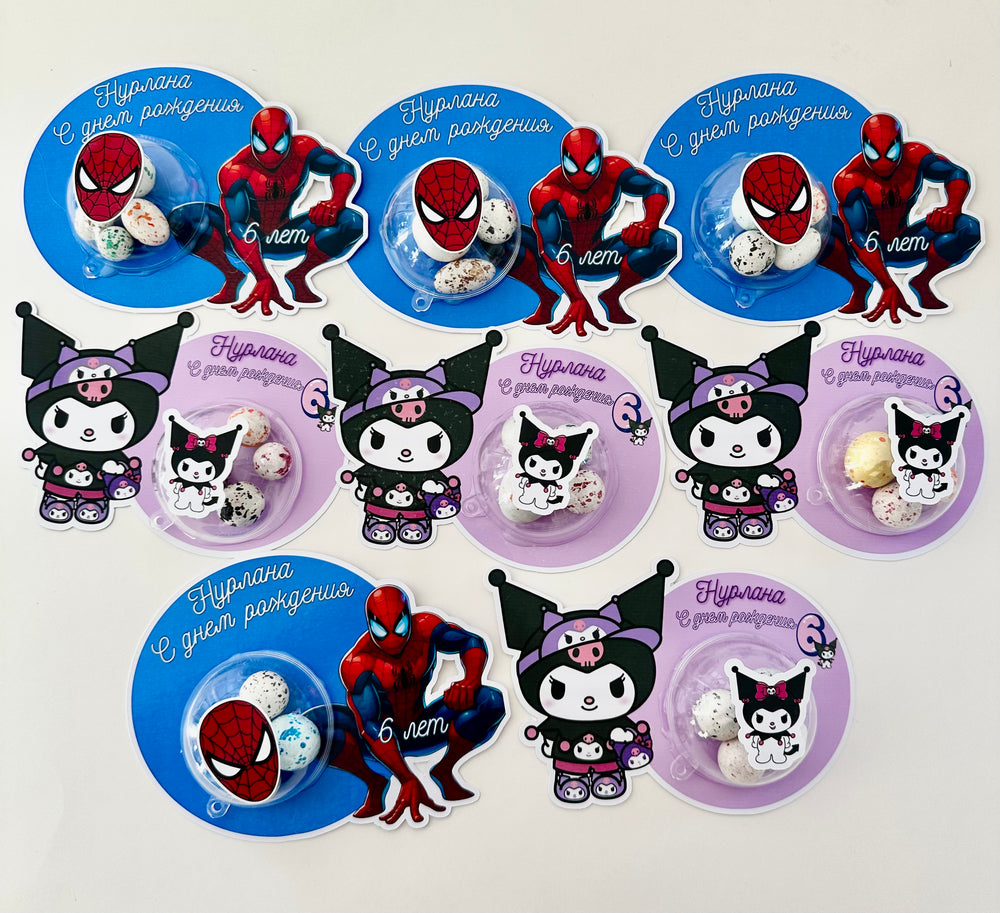 Kuromi & Spiderman Mixed Birthday Favour Card — Bonbon Dome Gift — Chocoodad Baku