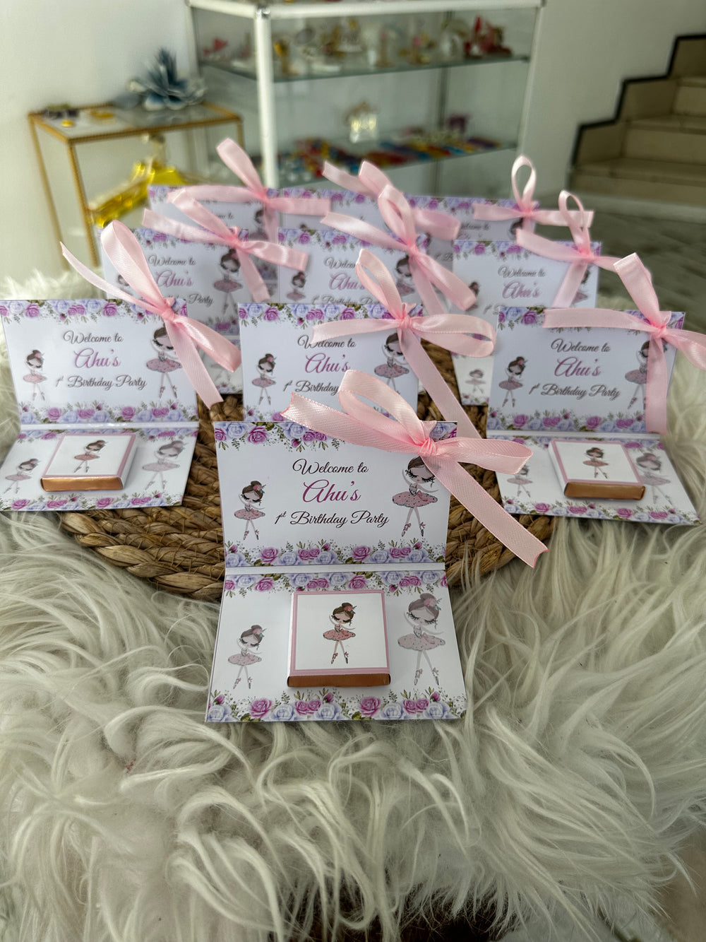 Ballerina Floral 1st Birthday Favour Card — Pink Ribbon & Chocolate — Chocoodad Baku