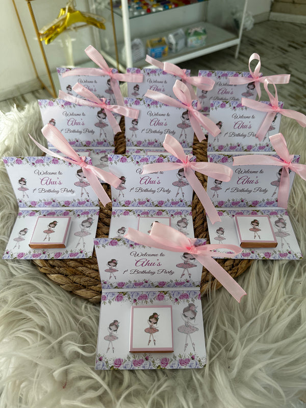 Ballerina Floral 1st Birthday Favour Card — Pink Ribbon & Chocolate — Chocoodad Baku