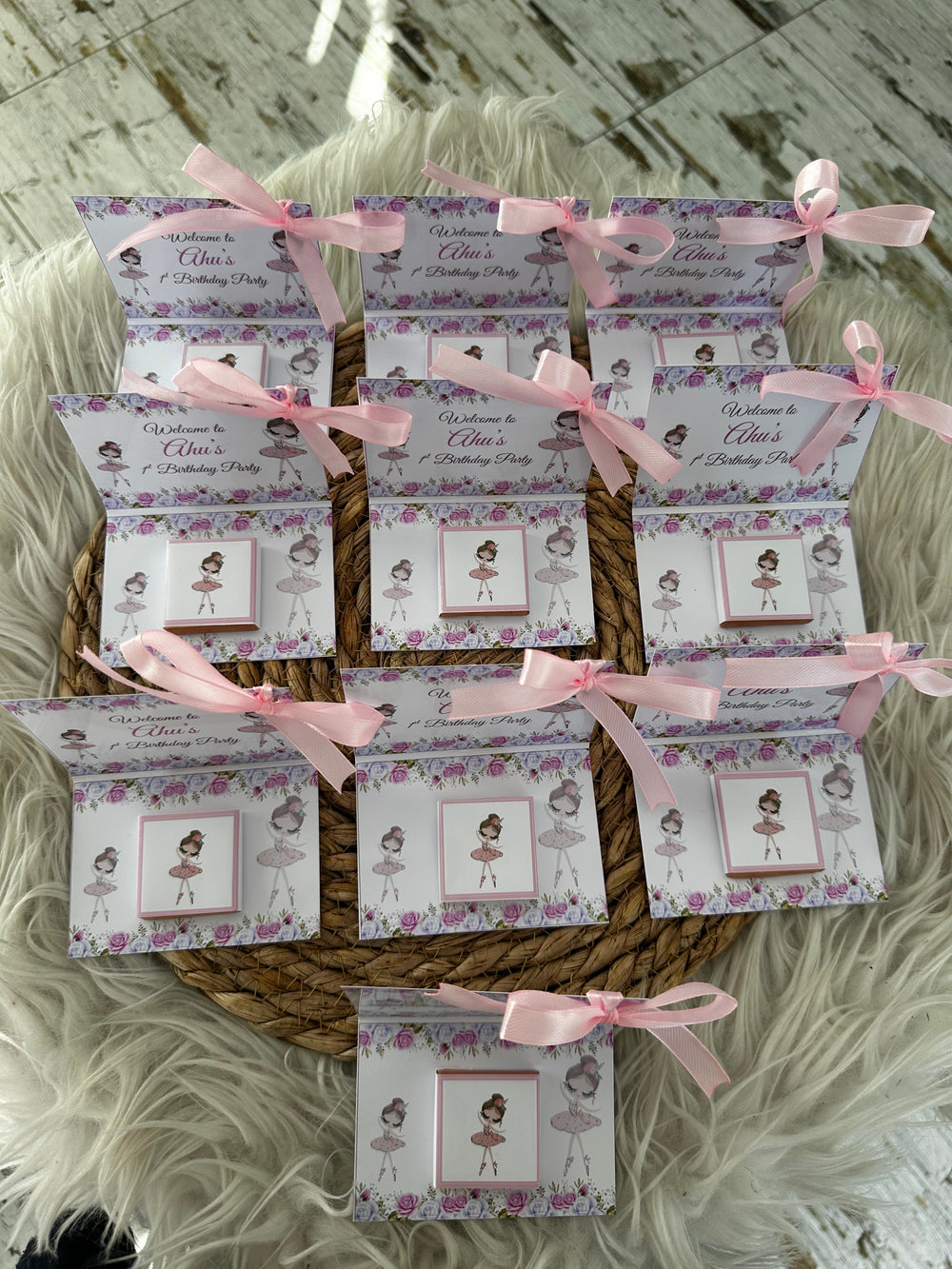 Ballerina Floral 1st Birthday Favour Card — Pink Ribbon & Chocolate — Chocoodad Baku
