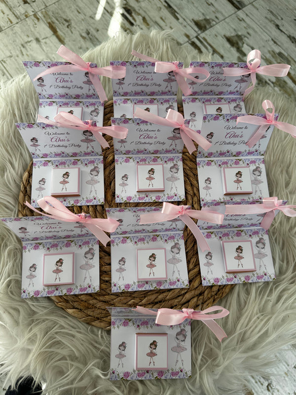 Ballerina Floral 1st Birthday Favour Card — Pink Ribbon & Chocolate — Chocoodad Baku