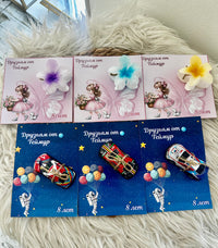 Ballerina & Space Mixed Birthday Accessory Card — Hair Clip & Car Toy — Chocoodad Baku