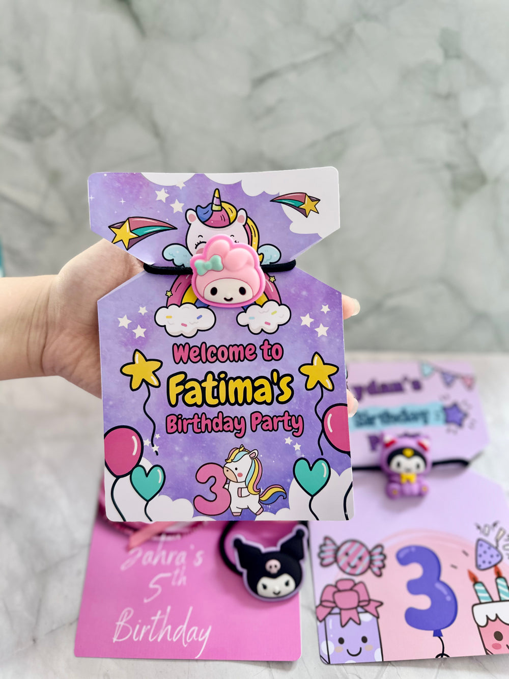 Unicorn & Kuromi Birthday Favour Card — Character Hair Tie Gift — Chocoodad Baku