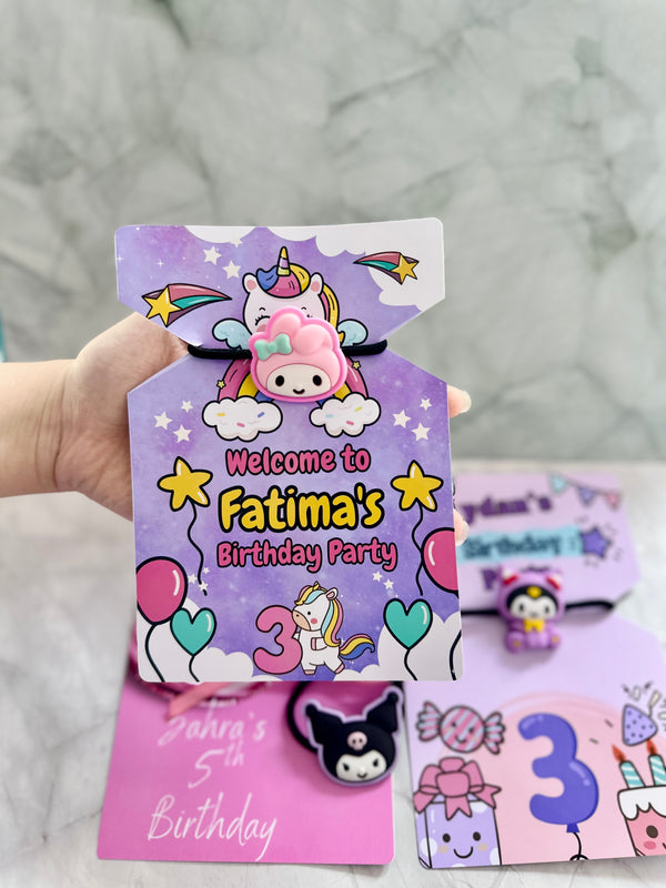 Unicorn & Kuromi Birthday Favour Card — Character Hair Tie Gift — Chocoodad Baku