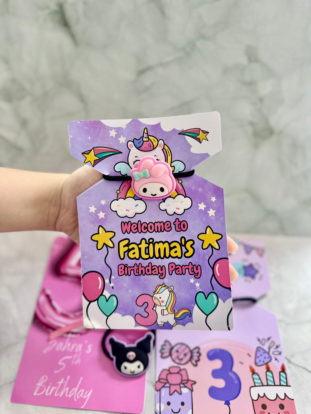 Unicorn & Kuromi Birthday Favour Card — Character Hair Tie Gift — Chocoodad Baku