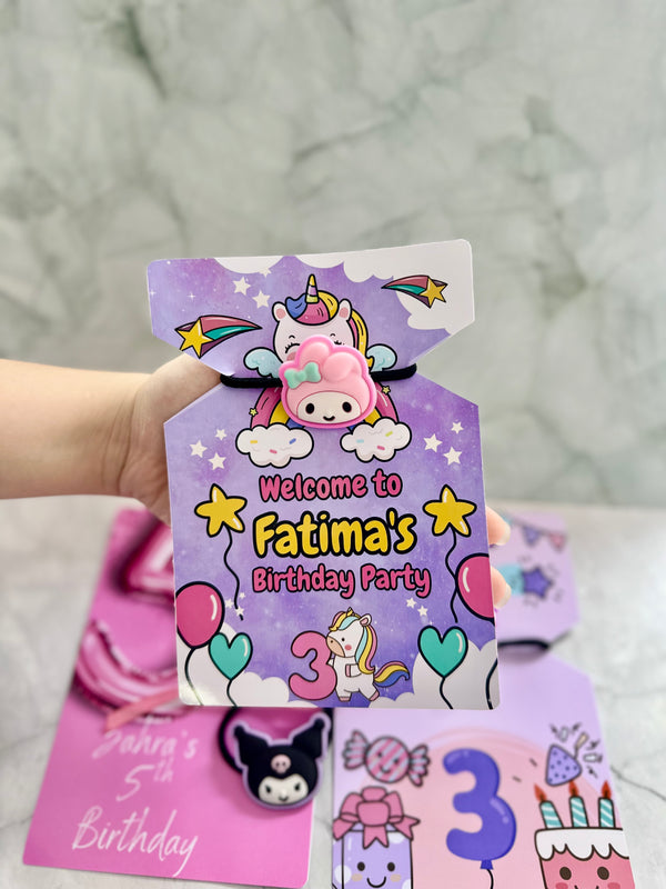 Unicorn & Kuromi Birthday Favour Card — Character Hair Tie Gift — Chocoodad Baku