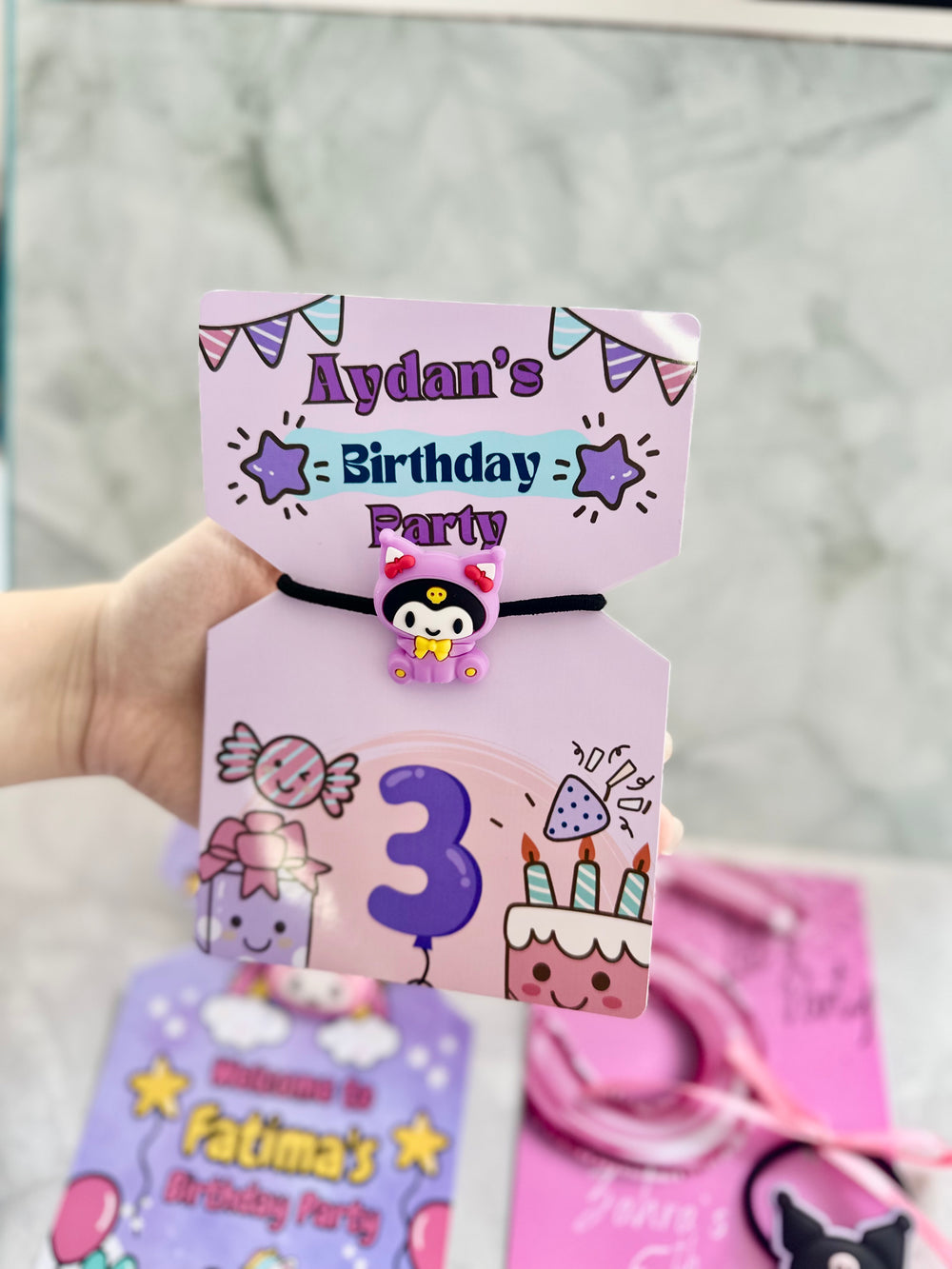 Unicorn & Kuromi Birthday Favour Card — Character Hair Tie Gift — Chocoodad Baku