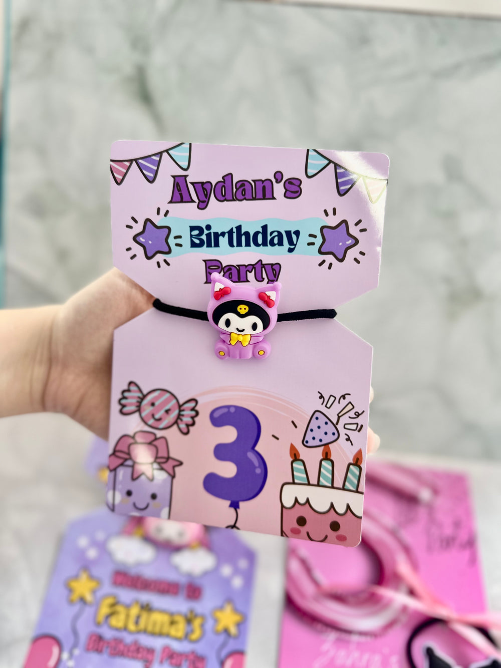 Unicorn & Kuromi Birthday Favour Card — Character Hair Tie Gift — Chocoodad Baku