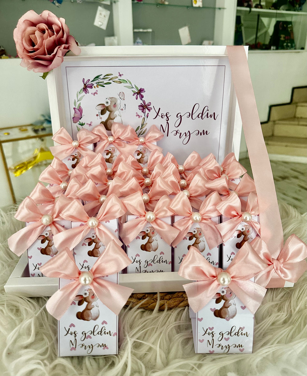 Pink Pearl Bunny Baby Girl Welcome Box — Shadow Box Chocolate Display — Chocoodad Baku