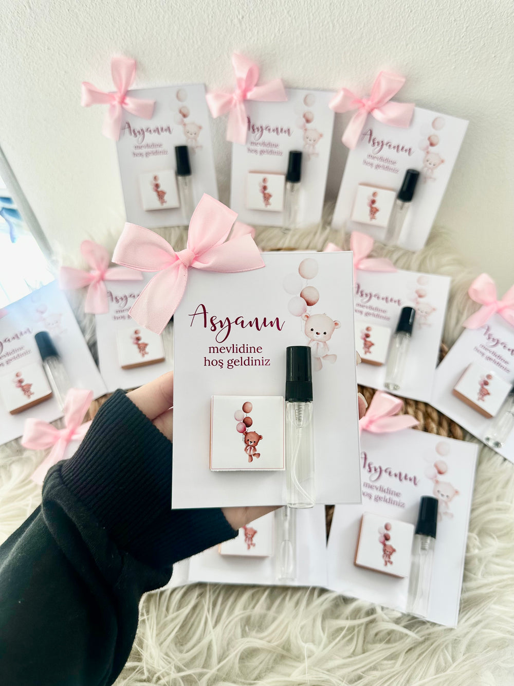 Teddy Bear Baby Shower Perfume & Chocolate Card — Pink Bow Favour — Chocoodad Baku