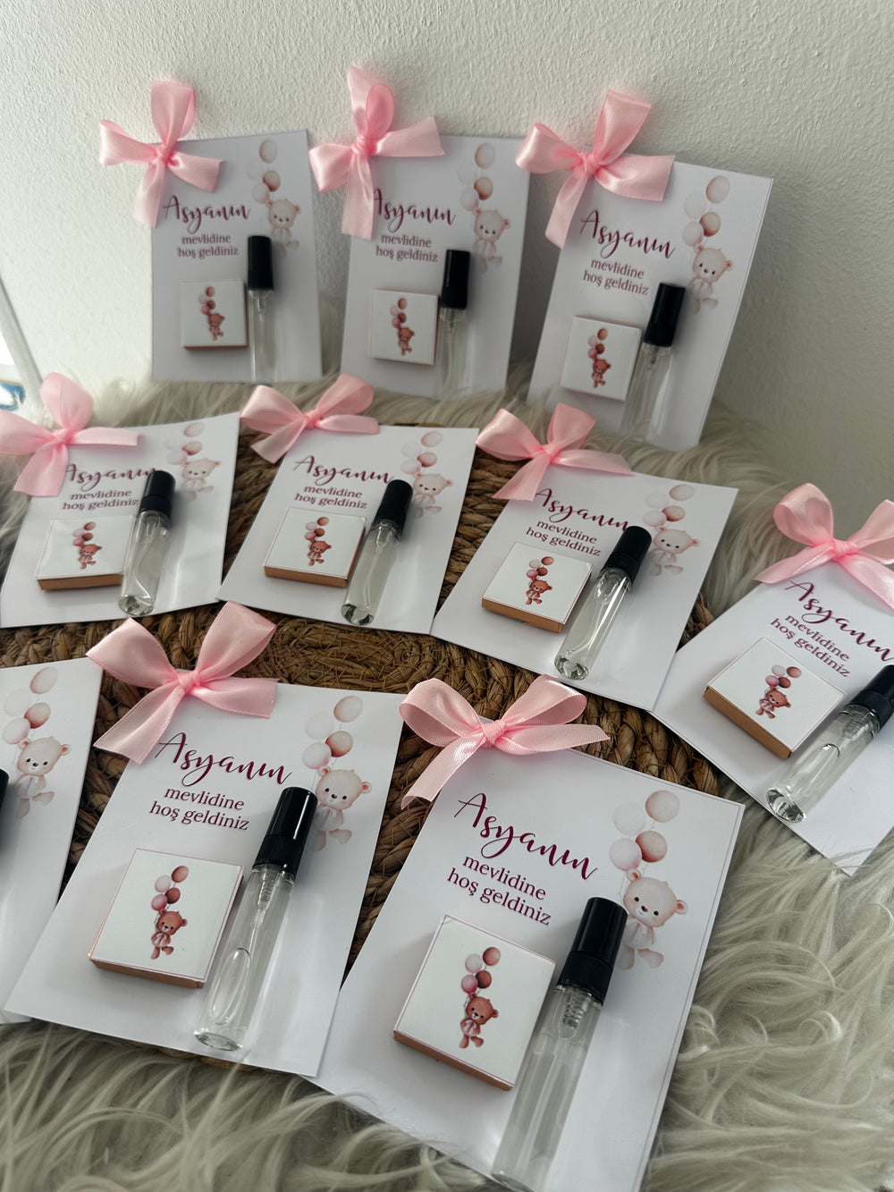 Teddy Bear Baby Shower Perfume & Chocolate Card — Pink Bow Favour — Chocoodad Baku