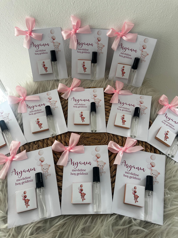 Teddy Bear Baby Shower Perfume & Chocolate Card — Pink Bow Favour — Chocoodad Baku