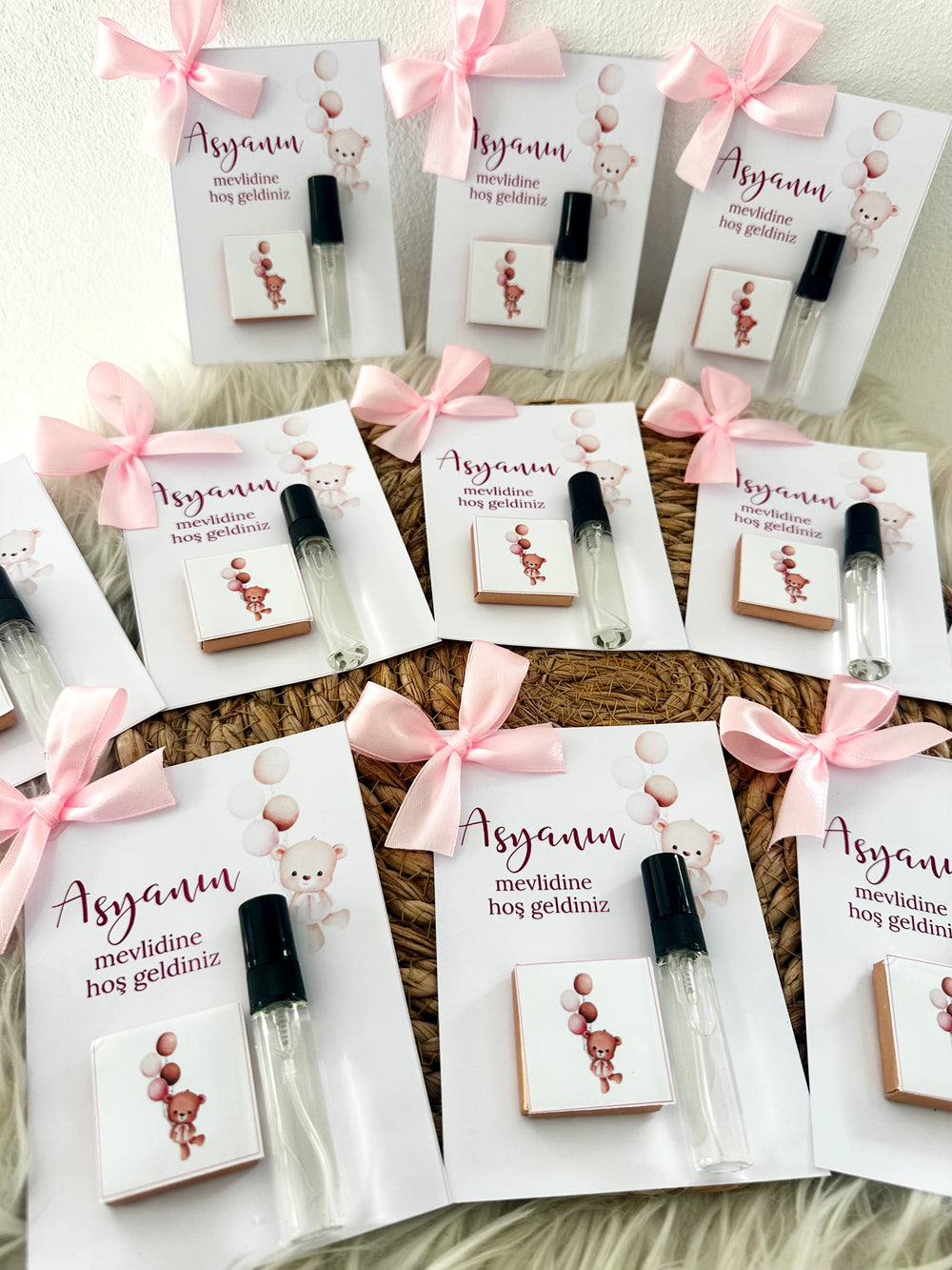 Teddy Bear Baby Shower Perfume & Chocolate Card — Pink Bow Favour — Chocoodad Baku