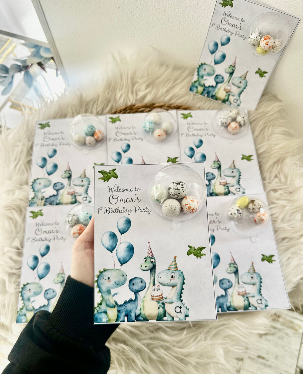 Baby Dinosaur 1st Birthday Favour Card — Blue Bonbon Dome Gift — Chocoodad Baku