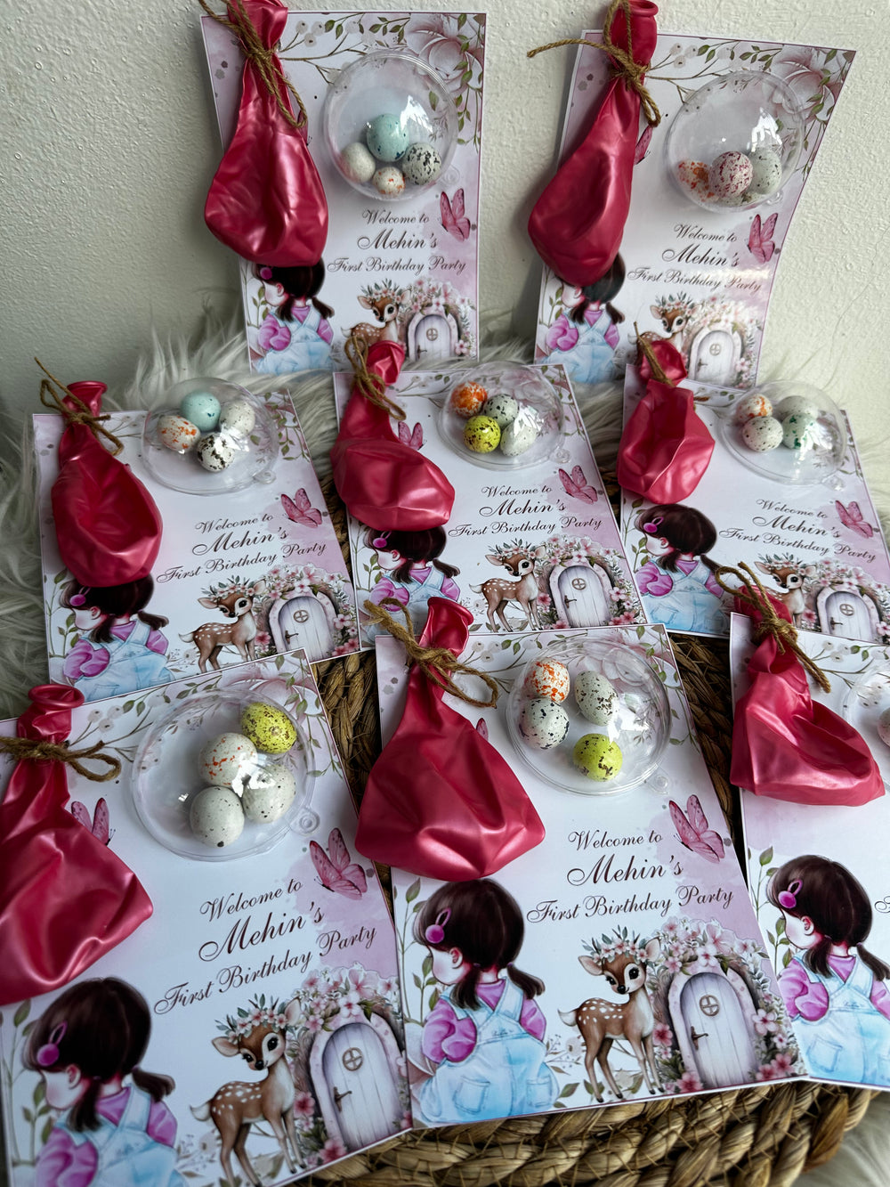 Floral Deer 1st Birthday Favour Card — Balloon & Bonbon Dome Gift — Chocoodad Baku