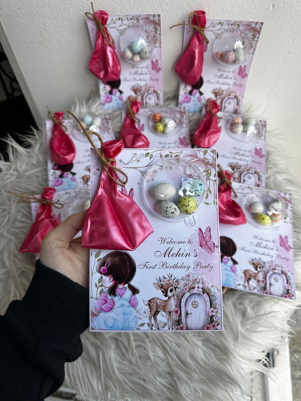 Floral Deer 1st Birthday Favour Card — Balloon & Bonbon Dome Gift — Chocoodad Baku