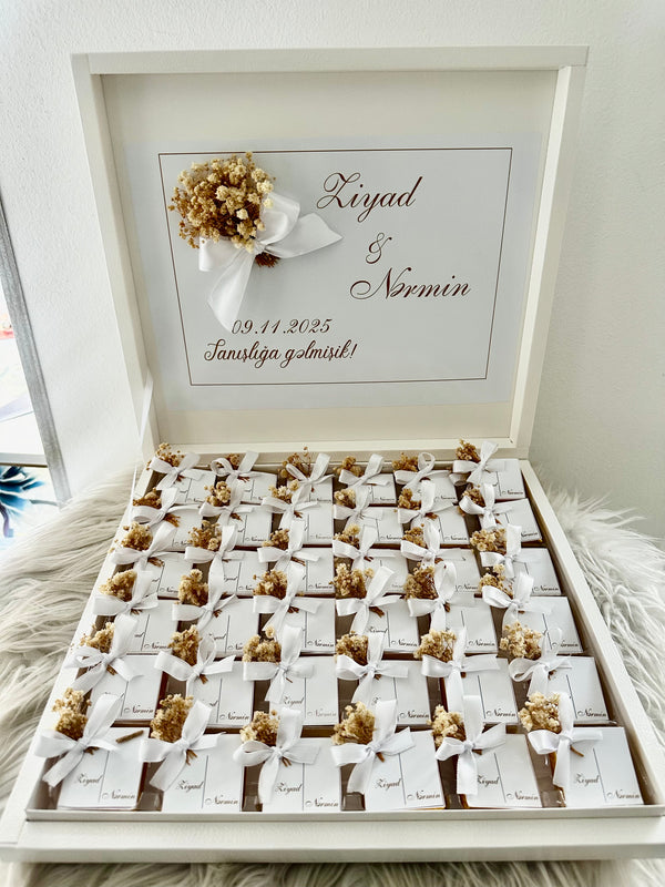 Yes Day White Shadow Box — Couple Names & Dried Flower Chocolate Display — Chocoodad Baku