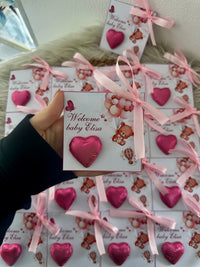 Pink Teddy Bear Welcome Baby Girl Chocolate Card — Heart Chocolate Favour — Chocoodad Baku