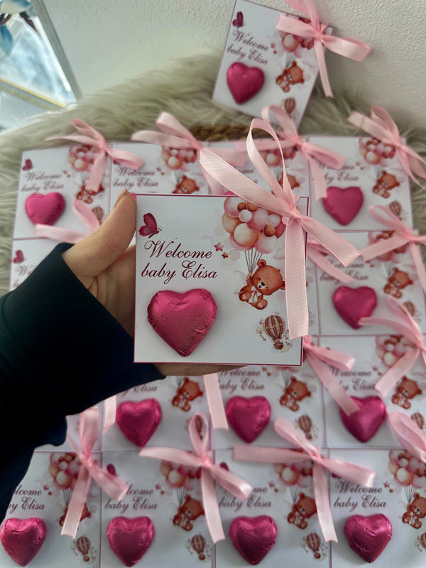Pink Teddy Bear Welcome Baby Girl Chocolate Card — Heart Chocolate Favour — Chocoodad Baku