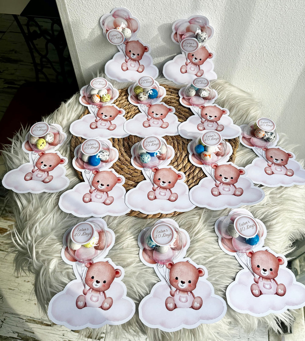 Pink Teddy Bear Cloud Baby 40 Days Favour Card — Bonbon Dome — Chocoodad Baku
