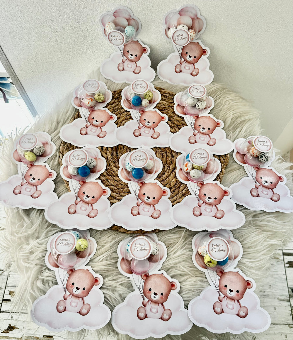 Pink Teddy Bear Cloud Baby 40 Days Favour Card — Bonbon Dome — Chocoodad Baku
